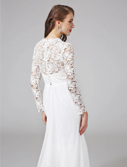 Beach Royal Style Boho Wedding Dresses Sheath / Column Illusion Neck Long Sleeve Sweep / Brush Train Chiffon Bridal Gowns With Lace Button