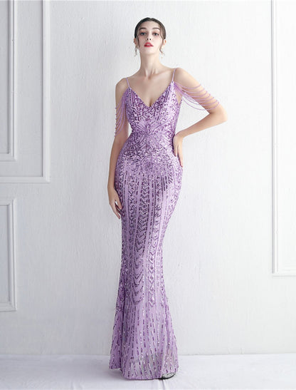 Mermaid / Trumpet Evening Gown Sparkle & Shine Dress Formal Wedding Guest Floor Length Short Sleeve Spaghetti Strap Polyester with Beading Sequin