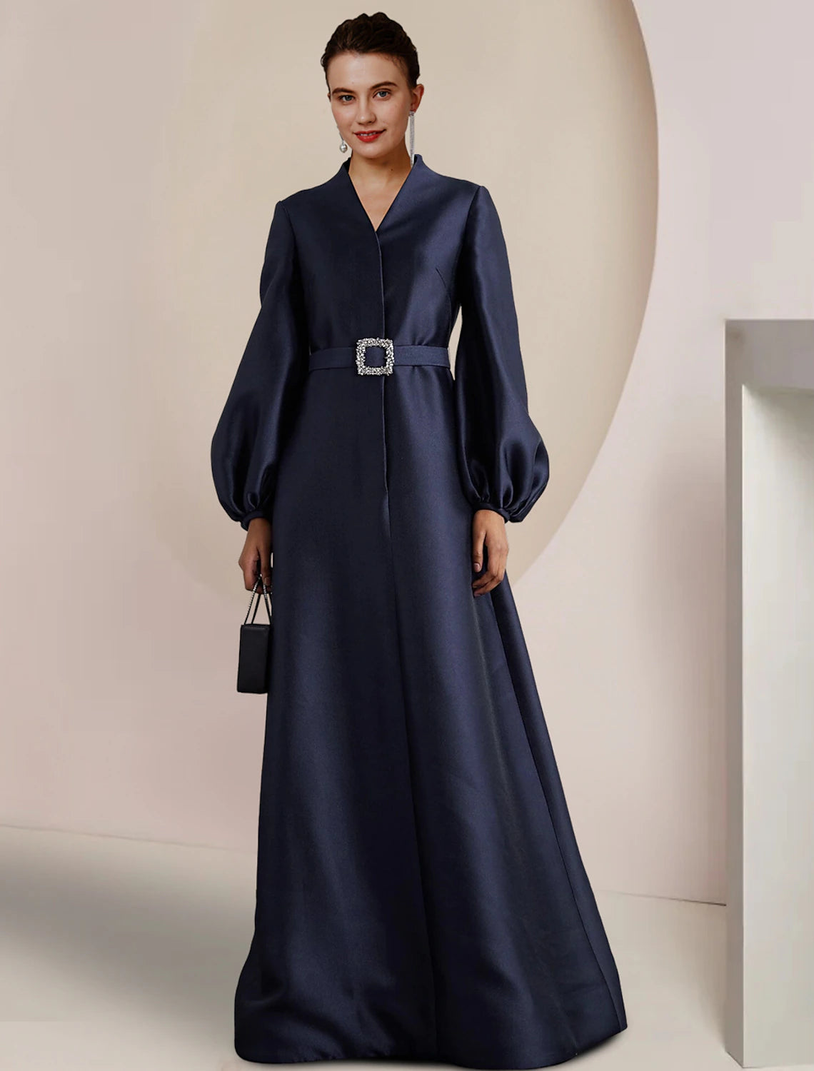 A-Line  V Neck Floor Length Wedding Guest Party Dress Satin Long Sleeve  Mother of the Bride Dress with Pearls Crystal Brooch