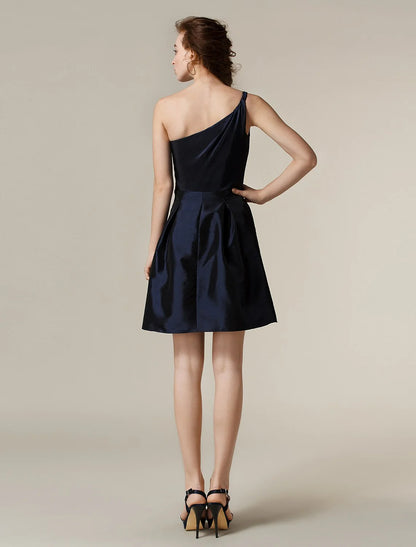 A-Line / Princess One Shoulder Short / Mini Taffeta Bridesmaid Dress with Pleats Solid Color