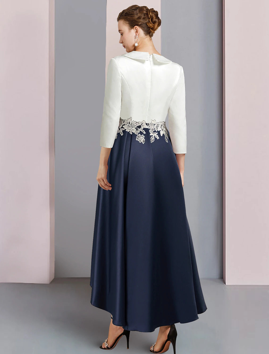 A-Line Mother of the Bride Dress Wedding Guest Elegant V Neck Asymmetrical Satin Lace 3/4 Length Sleeve with Ruching