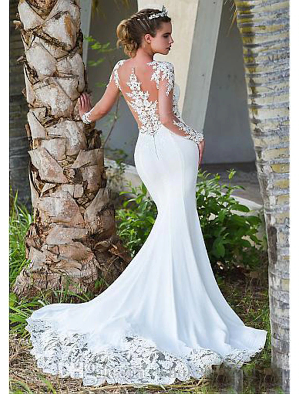 Engagement Open Back Formal Fall Wedding Dresses Mermaid / Trumpet Illusion Neck Long Sleeve Court Train Lace Bridal Gowns With Appliques Summer Wedding Party, Women's Clothing