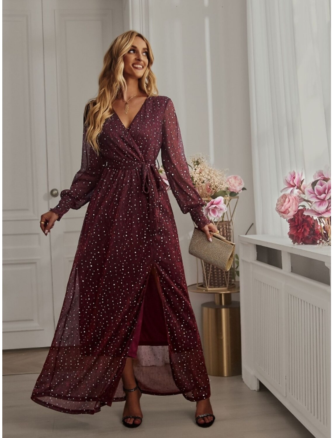 A-Line Party Dresses Sparkle & Shine Dress Birthday Fall Ankle Length Long Sleeve V Neck Chiffon with Glitter Sequin Slit
