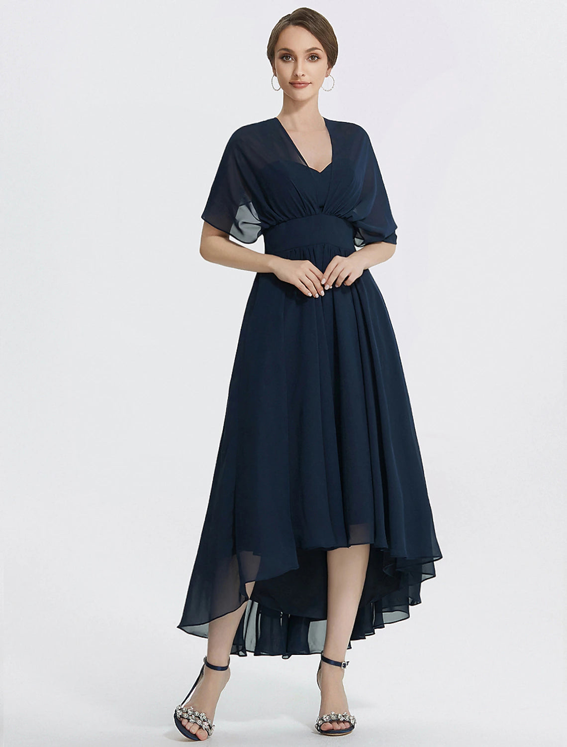 A-Line Cocktail Dresses Elegant Dress Wedding Guest Tea Length Short Sleeve Off Shoulder Convertible Chiffon with Ruched