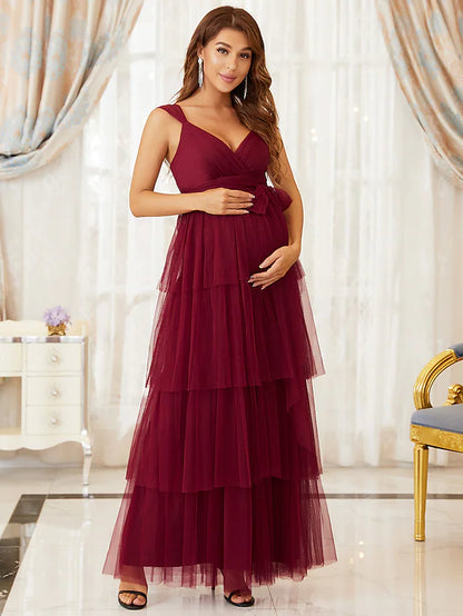 A-Line Maternity Cute Formal Prom/Evening Dress V Neck Sleeveless Floor Length Tulle with Tier Pure Color