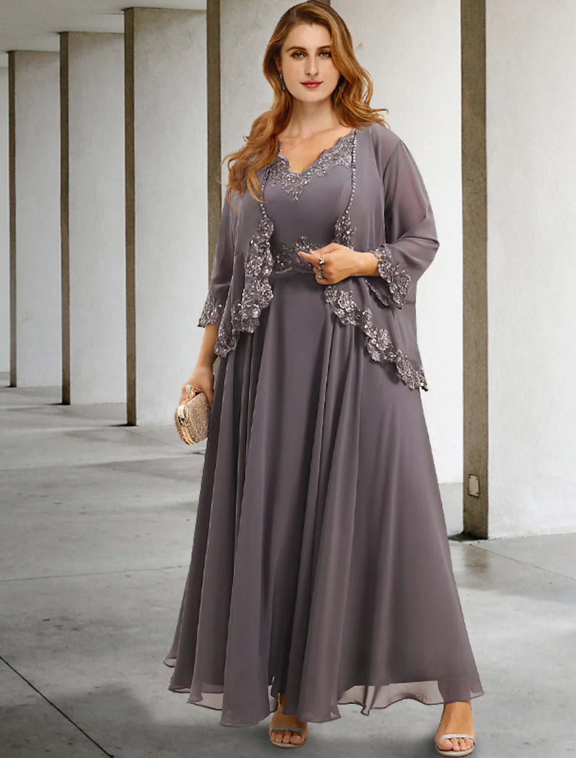 Two Piece A-Line Evening Gown Elegant Dress Plus Size  Formal Tea Length Sleeveless V Neck Chiffon with Appliques