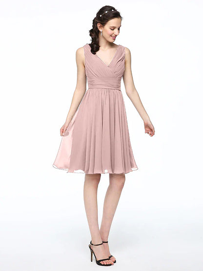 A-Line Bridesmaid Dress V Neck Sleeveless Elegant Short / Mini Chiffon with Pleats