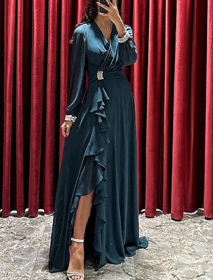 A-Line Evening Gown High Split Dress Formal Fall Sweep / Brush Train Long Sleeve V Neck Stretch Fabric with Pleats Crystals Ruffles