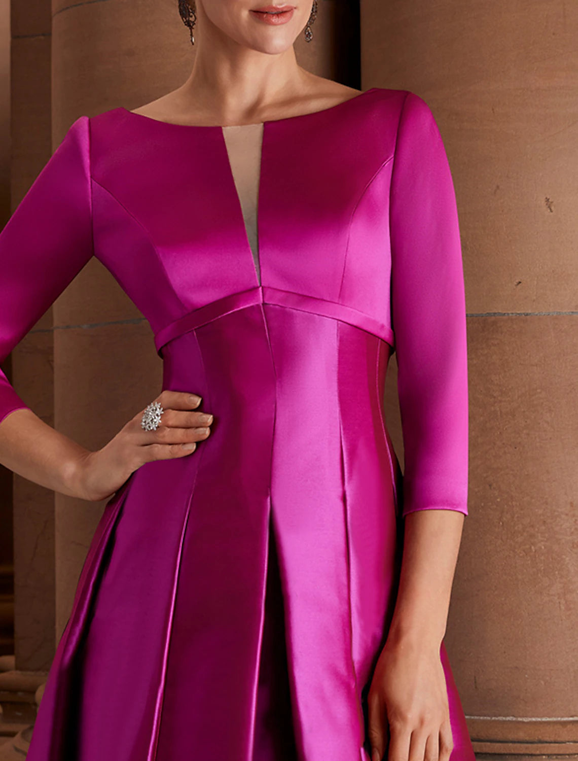 A-Line Cocktail Dresses Minimalist Wedding Guest Tea Length 3/4 Length Sleeve Jewel Neck Fall Wedding Guest Satin with Pleats