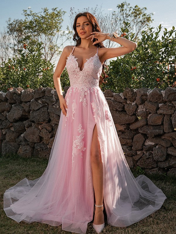 A-Line Princess Tulle Applique V-neck Sleeveless Prom Dresses Pink Spaghetti Strap Tulle with Appliques