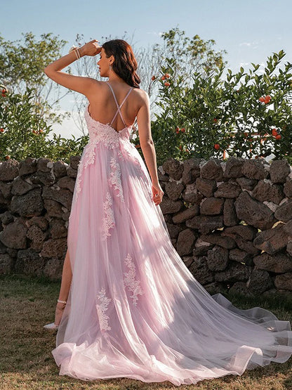 A-Line Princess Tulle Applique V-neck Sleeveless Prom Dresses Pink Spaghetti Strap Tulle with Appliques