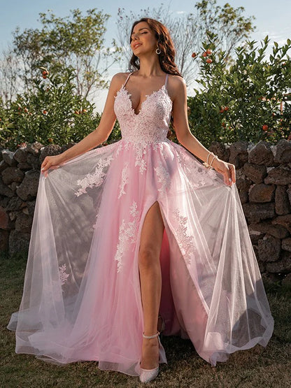 A-Line Princess Tulle Applique V-neck Sleeveless Prom Dresses Pink Spaghetti Strap Tulle with Appliques