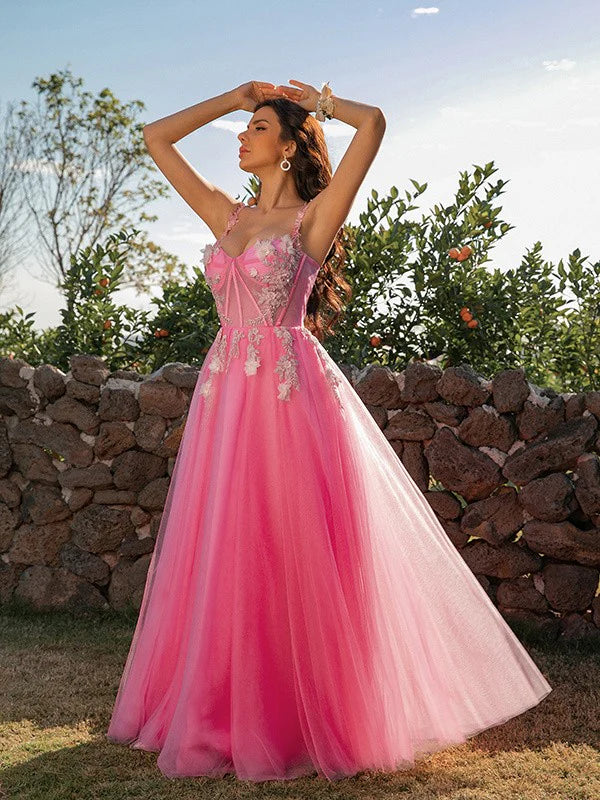 A-Line Princess Tulle Applique Straps Sleeveless Floor-Length Dresses