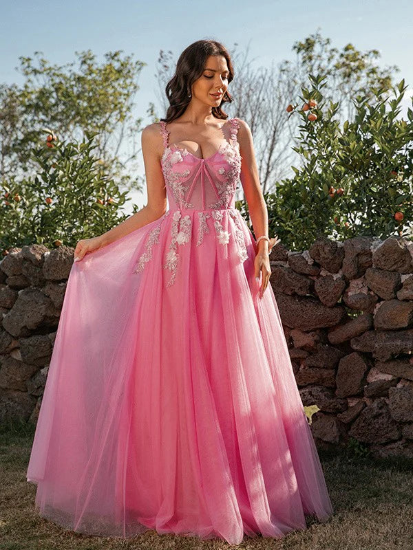 A-Line Princess Tulle Applique Straps Sleeveless Floor-Length Dresses