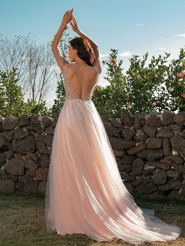 A-Line Princess Tulle Sequin Straps Sleeveless Prom Dresses