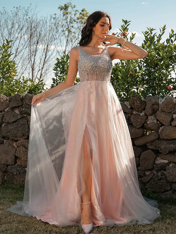 A-Line Princess Tulle Sequin Straps Sleeveless Prom Dresses