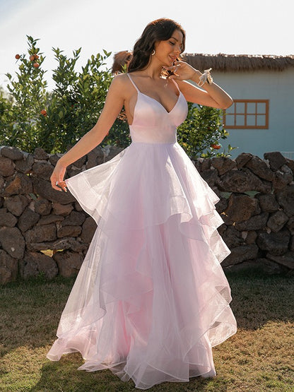 A-Line/Princess Tulle Ruffles V-neck Sleeveless Floor-Length Dresses