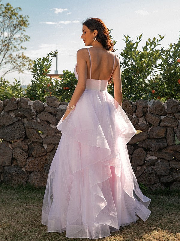 A-Line/Princess Tulle Ruffles V-neck Sleeveless Floor-Length Dresses
