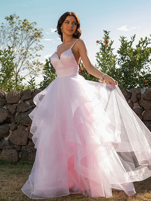 A-Line/Princess Tulle Ruffles V-neck Sleeveless Floor-Length Dresses