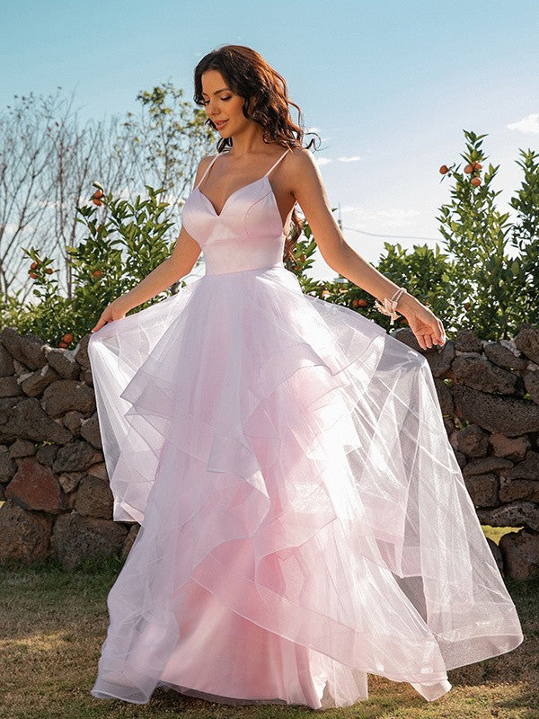 A-Line/Princess Tulle Ruffles V-neck Sleeveless Floor-Length Dresses