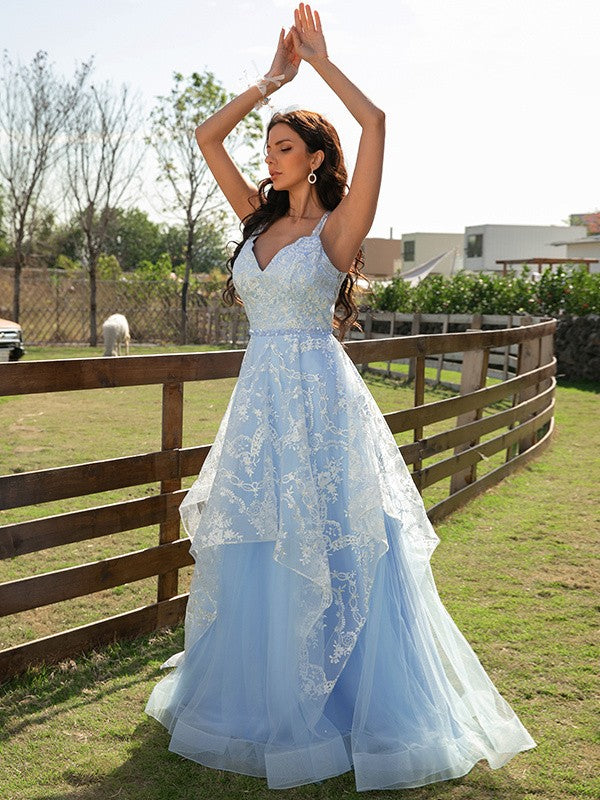 A-Line/Princess Tulle Lace V-neck Sleeveless Floor-Length Dresses