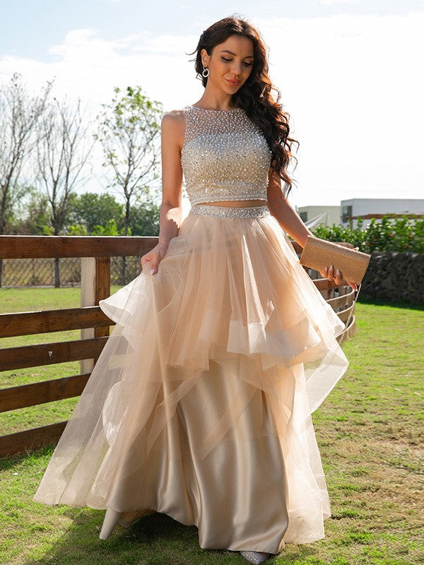 A-Line/Princess Tulle Beading Scoop Sleeveless Floor-Length Two Piece Dresses