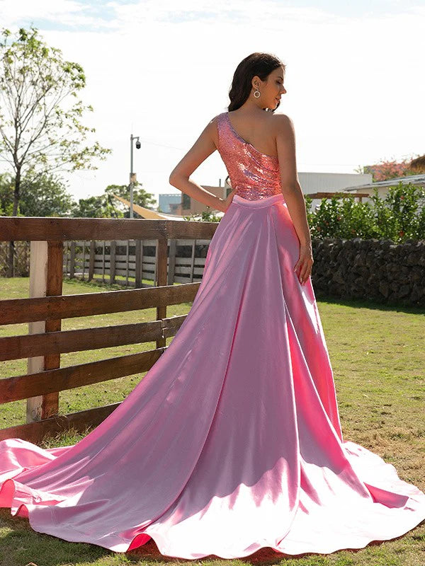 A-Line Princess Elastic Woven Satin Sequin One-Shoulder Sleeveless Prom Dresses Slit Front