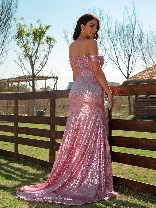 Sequins Ruffles Off-the-Shoulder Sleeveless Sexy Prom Dresses