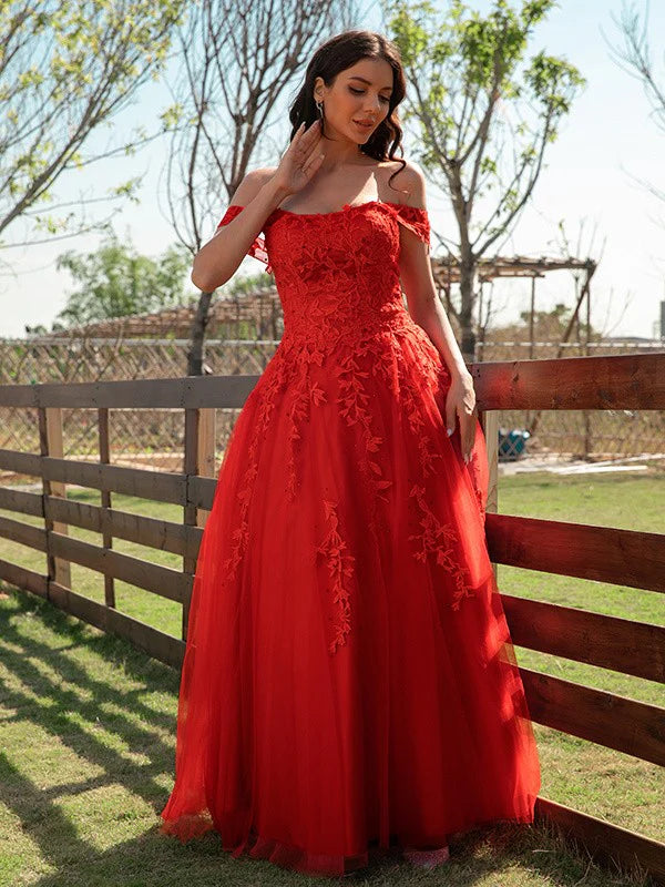 A-Line Princess Tulle Applique Off-the-Shoulder Sleeveless Floor-Length Prom Dresses Red