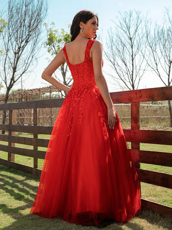 A-Line Princess Tulle Applique Off-the-Shoulder Sleeveless Floor-Length Prom Dresses Red