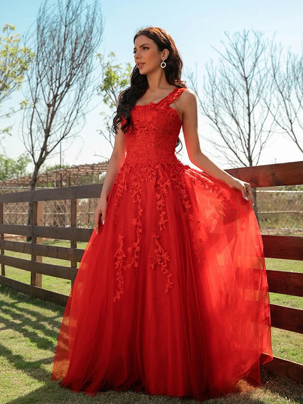 A-Line Princess Tulle Applique Off-the-Shoulder Sleeveless Floor-Length Prom Dresses Red