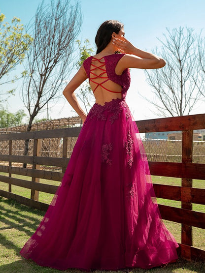 A-Line/Princess Tulle Applique V-neck Sleeveless Floor-Length Dresses