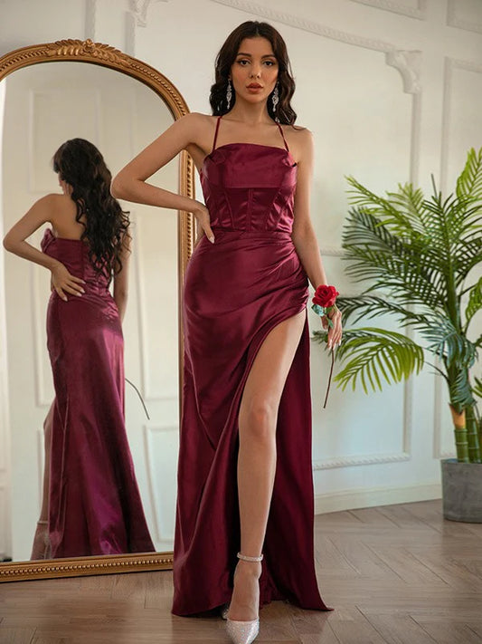 Elastic Woven Satin Ruched Halter Sleeveless Floor-Length Prom Dresses Slit Front