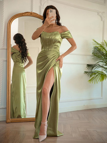 Sheath/Column Elastic Woven Satin Ruched Off-the-Shoulder Sleeveless Floor-Length Dresses