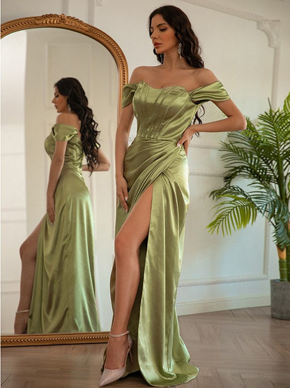 Sheath/Column Elastic Woven Satin Ruched Off-the-Shoulder Sleeveless Floor-Length Dresses