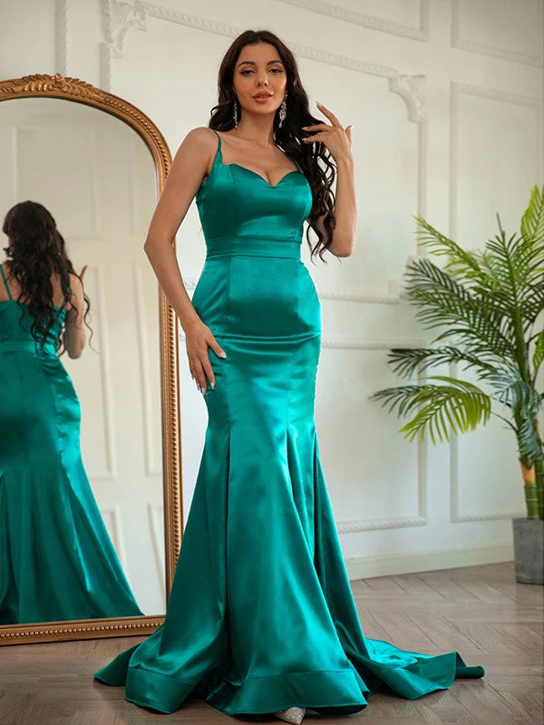 Elastic Woven Satin Ruched V-neck Sleeveless Spaghetti Straps Prom Dresses