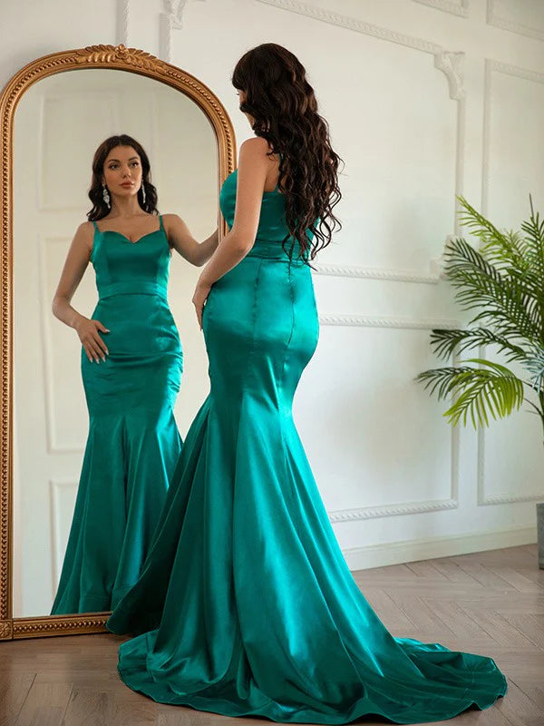 Elastic Woven Satin Ruched V-neck Sleeveless Spaghetti Straps Prom Dresses