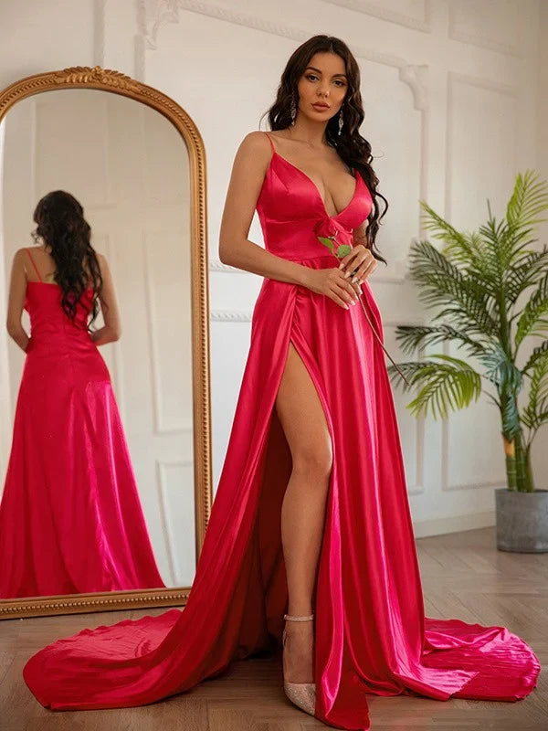 A-Line Princess Silk like Satin Ruched V-neck Sleeveless Prom Dresses