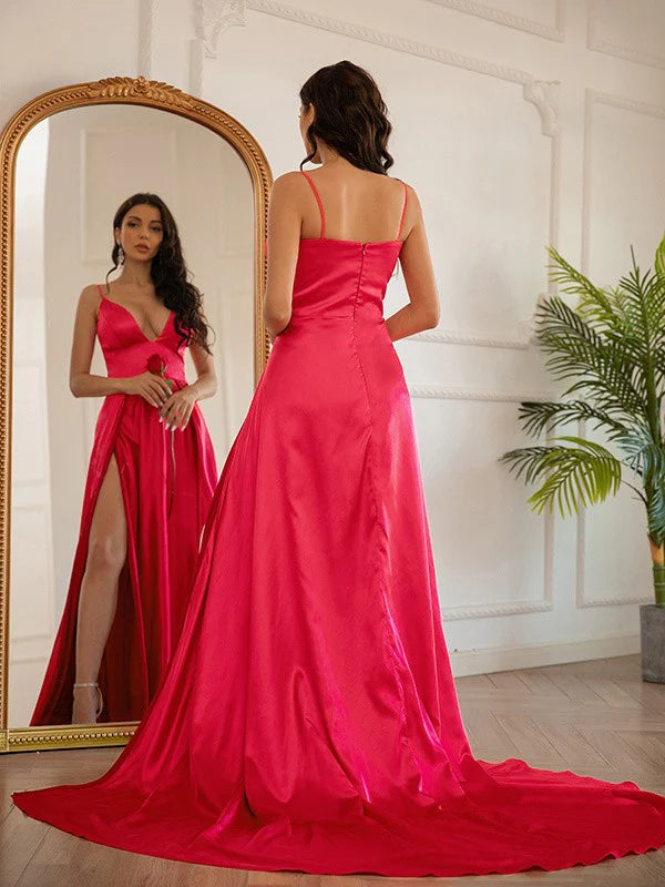 A-Line Princess Silk like Satin Ruched V-neck Sleeveless Prom Dresses