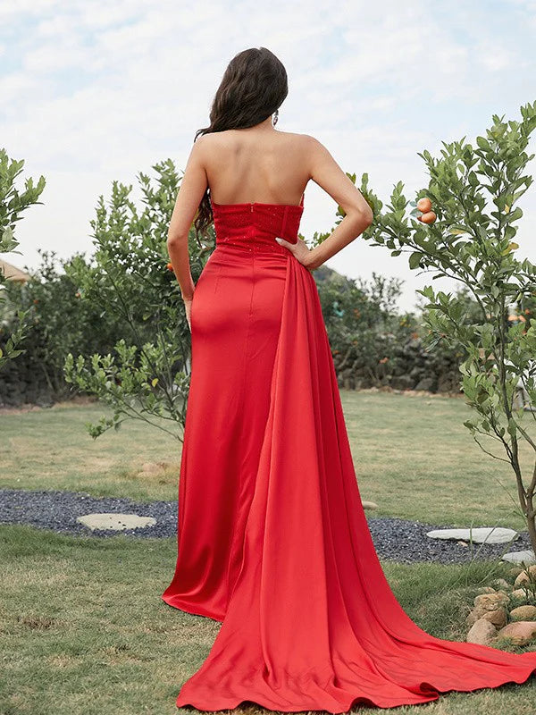 Silk like Satin Ruched Strapless Sleeveless Floor Length Prom Dresses
