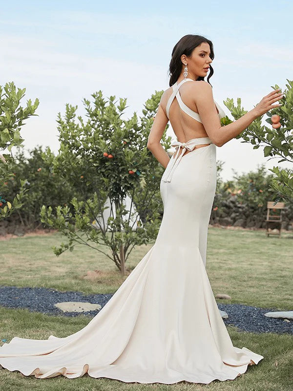 Stretch Crepe Ruched V-neck Sleeveless Sweep/Brush Prom Dresses