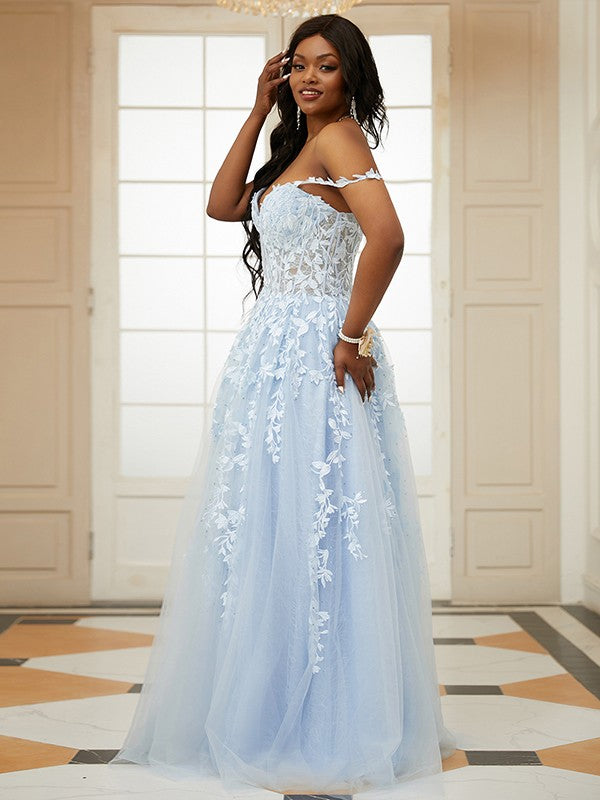A-Line/Princess Tulle Applique Off-the-Shoulder Sleeveless Floor-Length Dresses