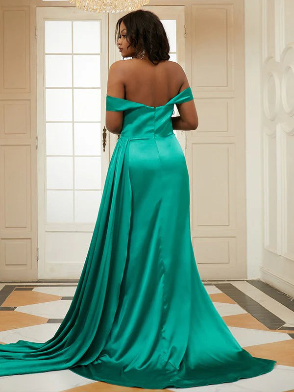 Silk like Satin Ruffles Off-the-Shoulder Sleeveless Prom Dresses
