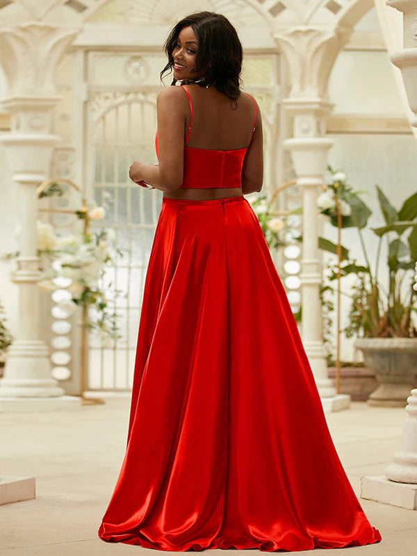 A-Line Princess Silk like Satin Ruffles Spaghetti Straps Sleeveless Two Piece Prom Dresses