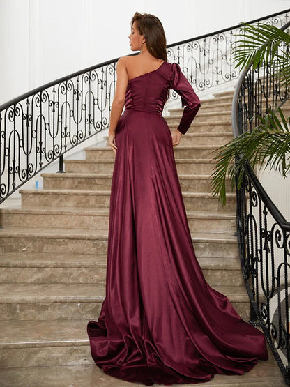 Sheath Satin Ruched One-Shoulder Long Sleeves Prom Dresses