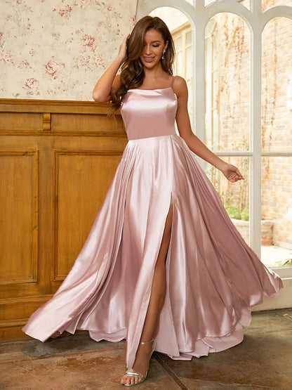 A-Line Princess Silk like Satin Ruffles Spaghetti Straps Sleeveless Prom Dresses