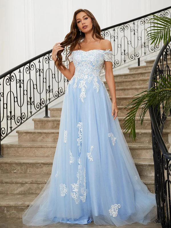 A-Line Princess Tulle Applique Off-the-Shoulder Sleeveless  Sweep/Brush Prom Dresses