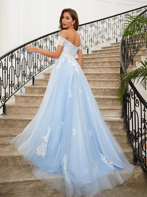 A-Line Princess Tulle Applique Off-the-Shoulder Sleeveless  Sweep/Brush Prom Dresses