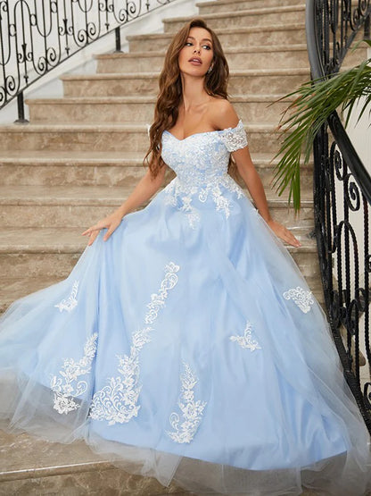 A-Line Princess Tulle Applique Off-the-Shoulder Sleeveless  Sweep/Brush Prom Dresses