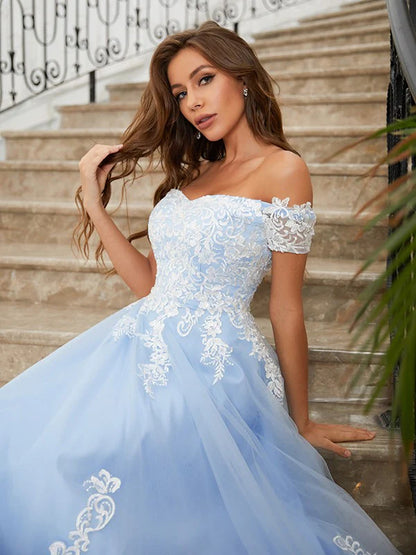 A-Line Princess Tulle Applique Off-the-Shoulder Sleeveless  Sweep/Brush Prom Dresses